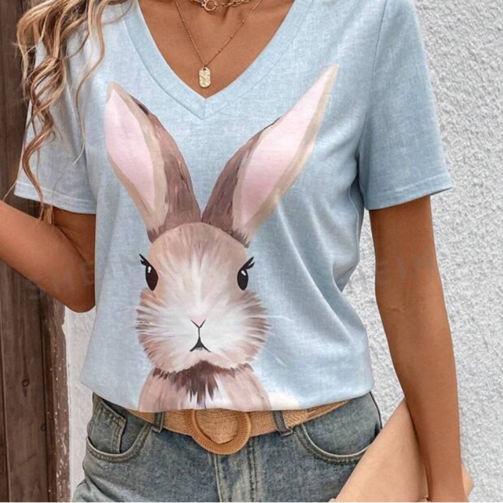 Bunny rabbit T shirt top teacher v-neck womens S blouse spring emery rose spring - Picture 1 of 4